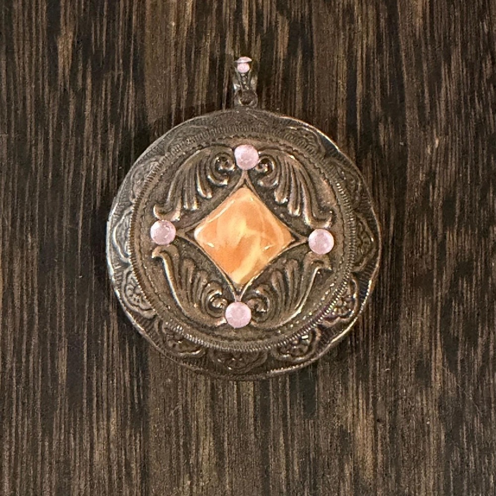 Locket Pendant Womens OS Silver Vintage Pink Stone Boho Accessory